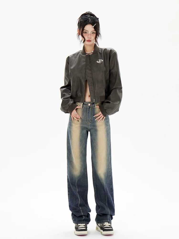 American Vintage PU Leather Jackets Korean Chic Hippop Stand Collar Zipper Casual Coats Y2k Aesthetic Punk Grunge Top 2000s