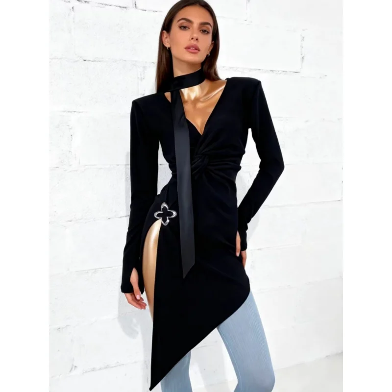 

Women Latin Dance Dress Professional Ballroom Performance Outfit Sleeveless Sequins Tango Salsa Practice Wear with High Split