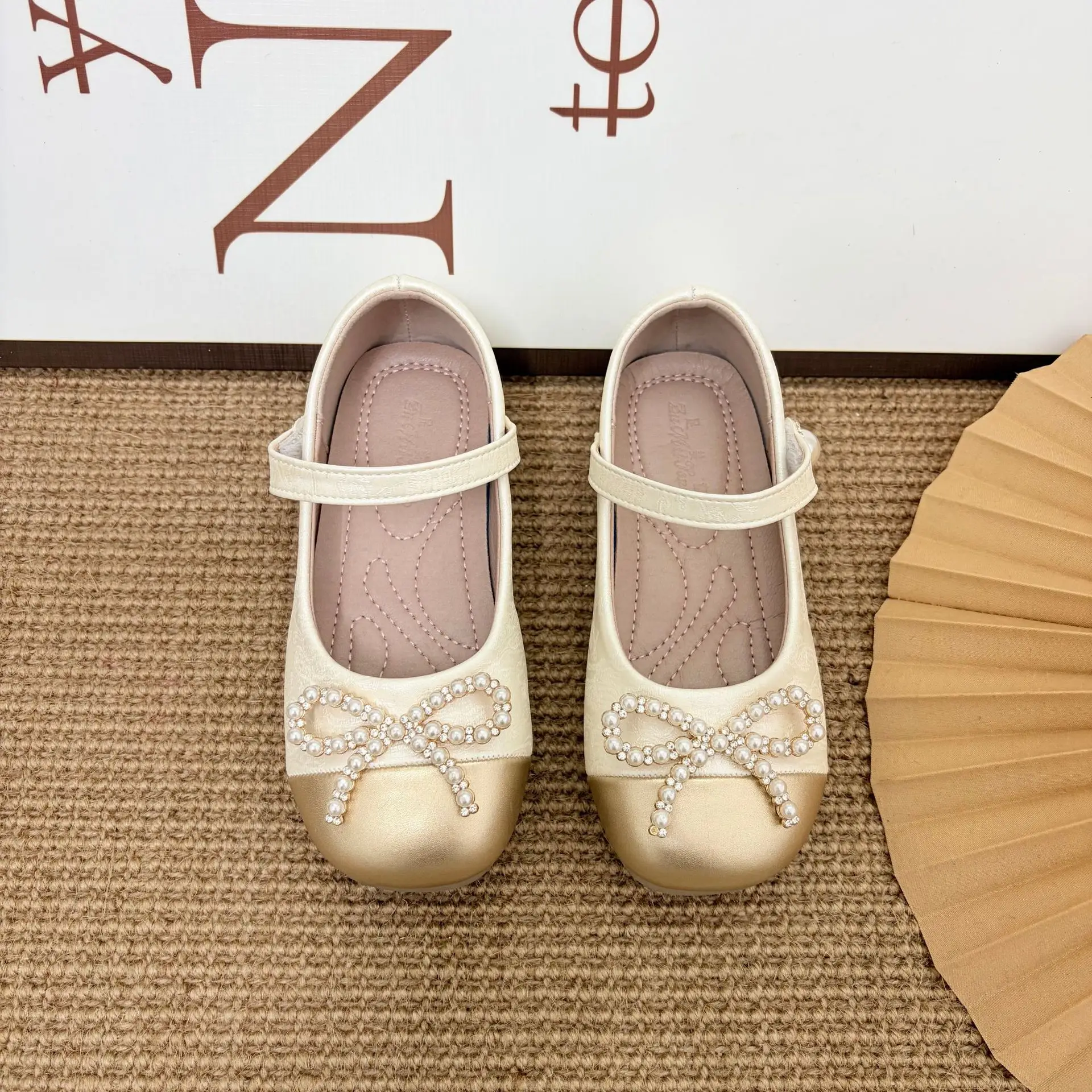 

Kids'Casual Shoes PU Leather Bow Pearl Spring Fashion Outdoor Flat Bottom Shoes For Girls Designer Anti-slip Gold Size 23-35