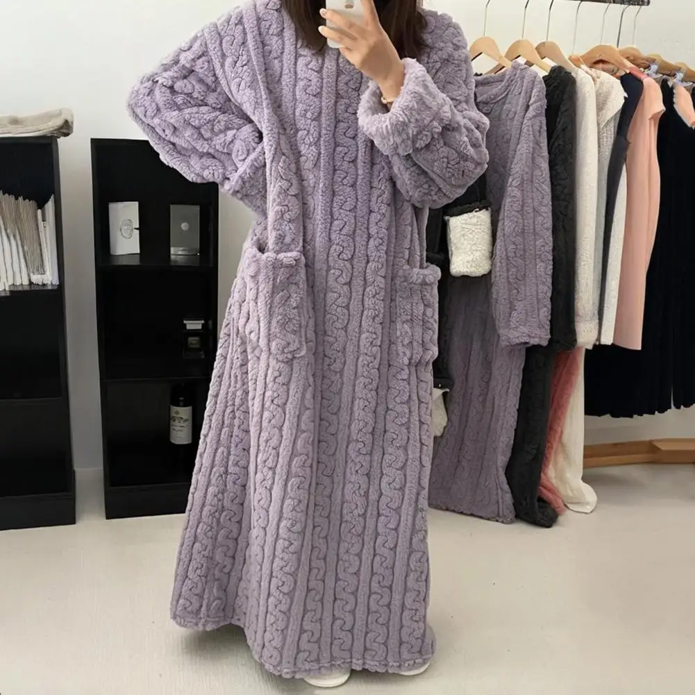 

Winter Long Sleeve Double Pocket Flannel Nightgowns Women Loose Sleepwear Jacquard Night Dress Thickened Warm Nightdress