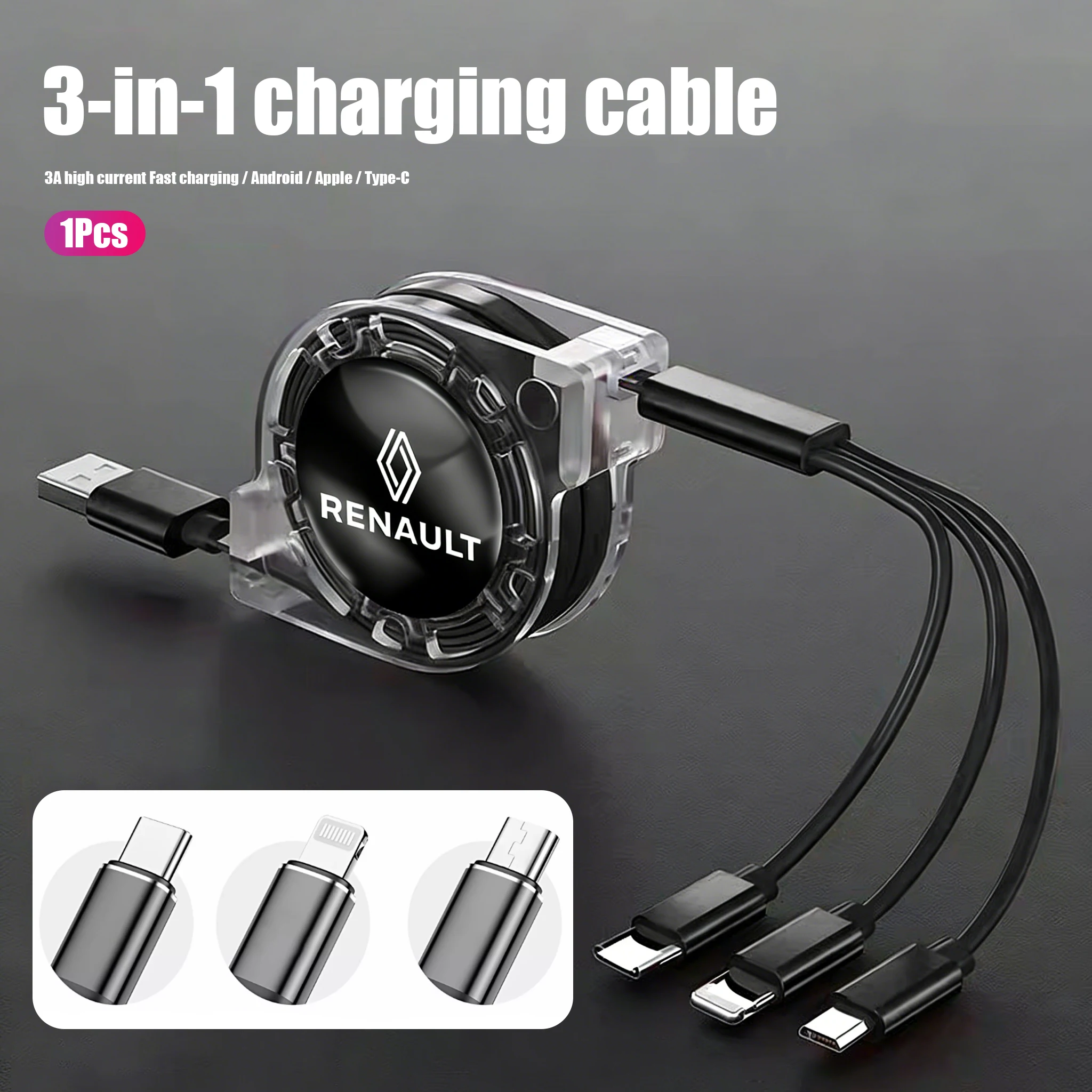 Cable de carga rápida USB 3 en 1 para coche, Cable de datos para teléfono móvil 3A, para Renault Clio Sandero Captur Megane R5 4 E-tech Scenic Austral