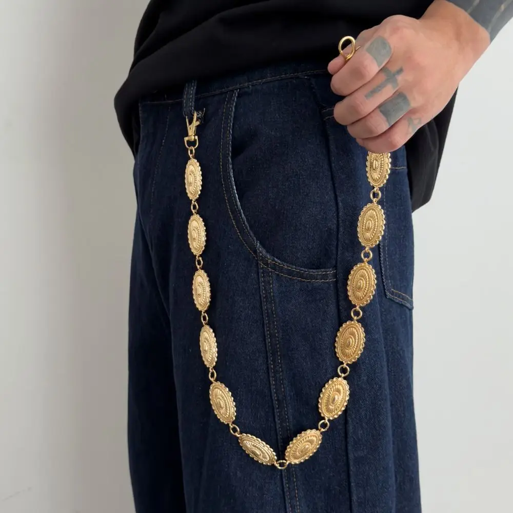 個性的なジーンズチェーン、丸いディスクのウエストチェーン、ゴシックビーズ、パンクベルトチェーン、亜鉛合金、原宿風パンツチェーン、男性用