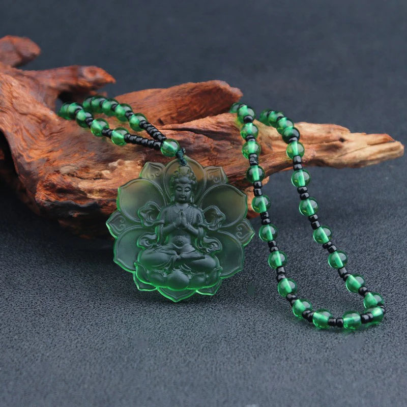 Liuli Crystal Buddha Green Tara Amulet Buddha Charms Tibetan Buddhism Religion Amulet Pendant Crystal Beads Glass Necklace