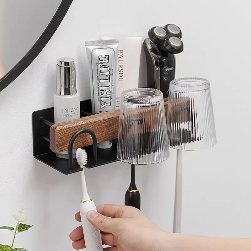 Toothbrush Holder Storage Organizer Wall Mounted Toothpaste Toothbrush Dispensers with Mouthwash Cup Bathroom Accessories