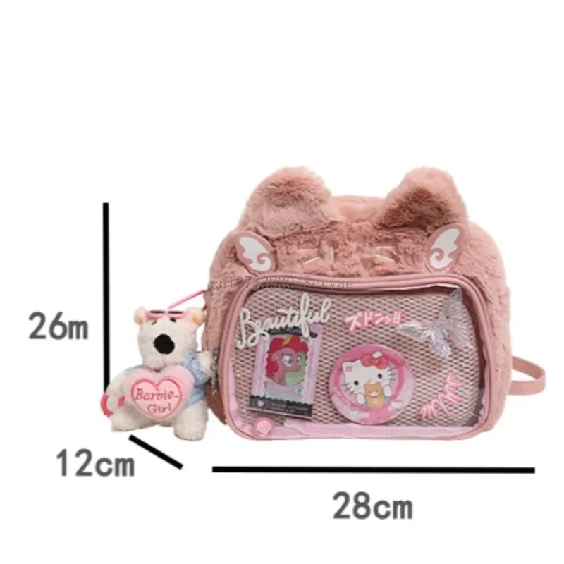 Japanese Cute Fluffy Plush Cat Transparent Ita Bag Y2k Casual Harajuku Kawaii Women Crossbody Bag Preppy Style Cute Schoolbag