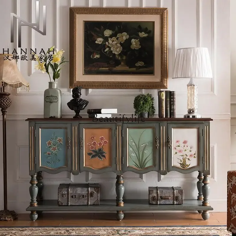 

ls 27American rural Mediterranean style retro solid wood painted entrance cabinet bookshelf dining side cabinet