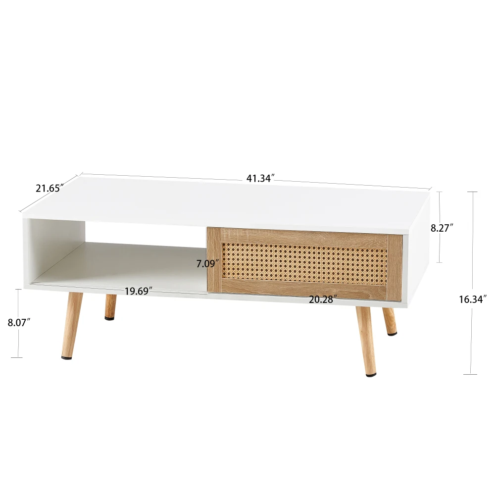 41.34" Rattan Coffee Table Sliding Door for Storage Solid Wood Legs Modern Table for Living Room White