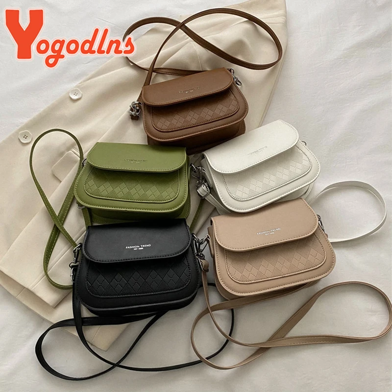 Yogodlns Luxury Flap Saddle Shoulder Bag For Women PU Leather Messenger Bag Vintage Brand Ladies Crossbody Bag Small Square Bag