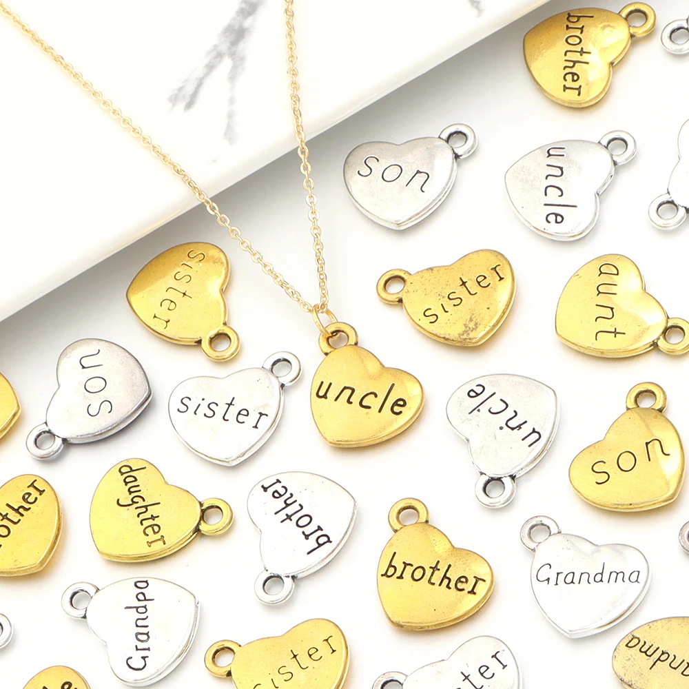 10pcs/lot 15mm Retro Alloy Necklace Pendant Gold Heart Double-sided Engraved Letters Small Pendant DIY HandCraft Jewelry Making