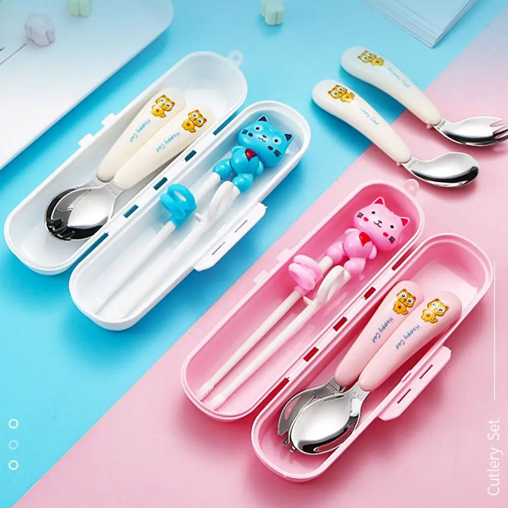 304 Stainless Steel Portable Cutlery Set Yellow Green Brown Straight Bend Spoon Fork Student Supplies Cartoon Cat