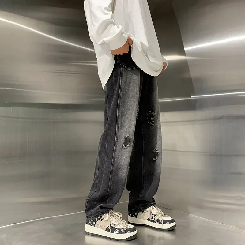 

LIBIELIY Four Seasons Men's Vintage Straight Wide Leg Casual Denim Trousers Loose Hole Patch Black Jeans Pants Male Men's Street