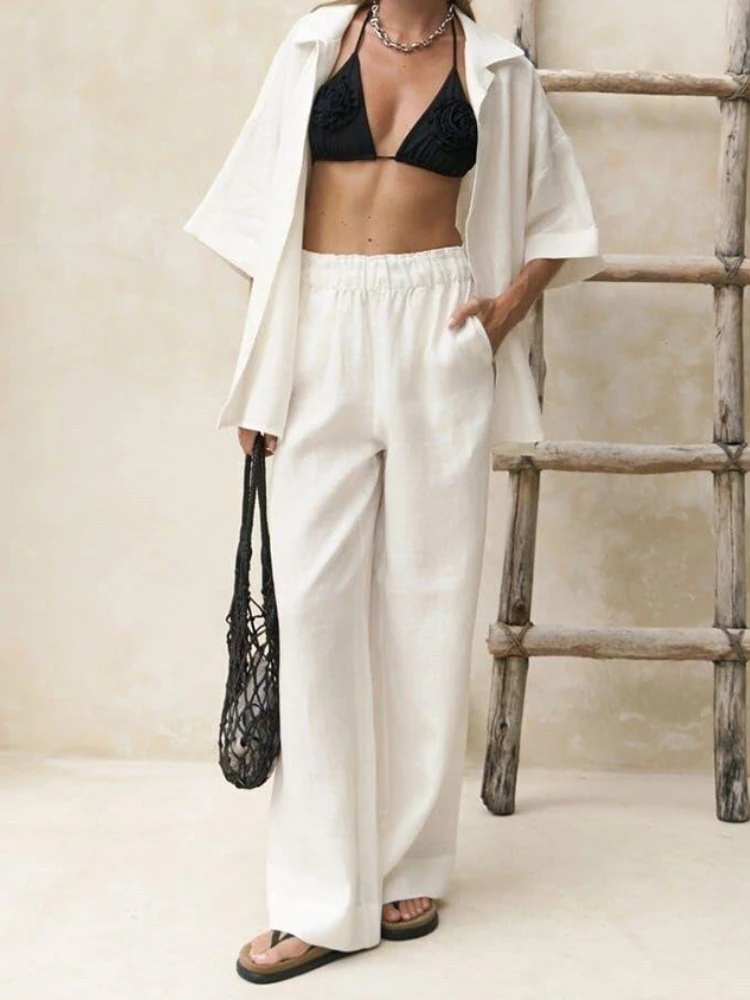 Novità in estate Pantaloni a maniche corte in cotone casual Set da 2 pezzi Camicia a maniche corte tinta unita da donna Set di pantaloni larghi