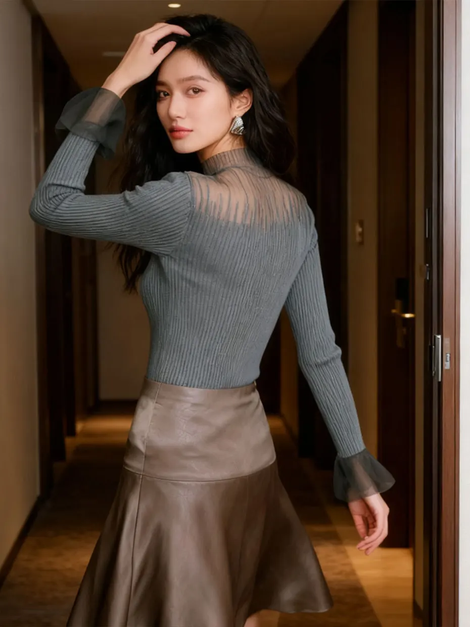 Autumn Winter Lace Splicing Half High Collar Knitted Sweater Women Long Sleeve Inner Wear Faux Fur Base Shirt Bell Sleeve Top view 5