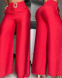 Calça feminina de cintura alta de perna larga, calça elegante, monocromática, solta e fina, alto-falante decorativo de metal, moda feminina, novo, outono, 2024