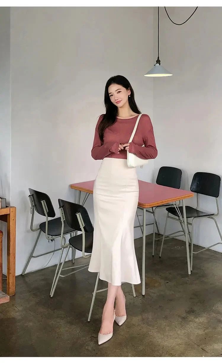 

White Black Elegant Slim Mermaid Unlined Skirts Women Elastic High Waist Luxury Thin Summer Solid Color Sexy Long Trumpet Skirt