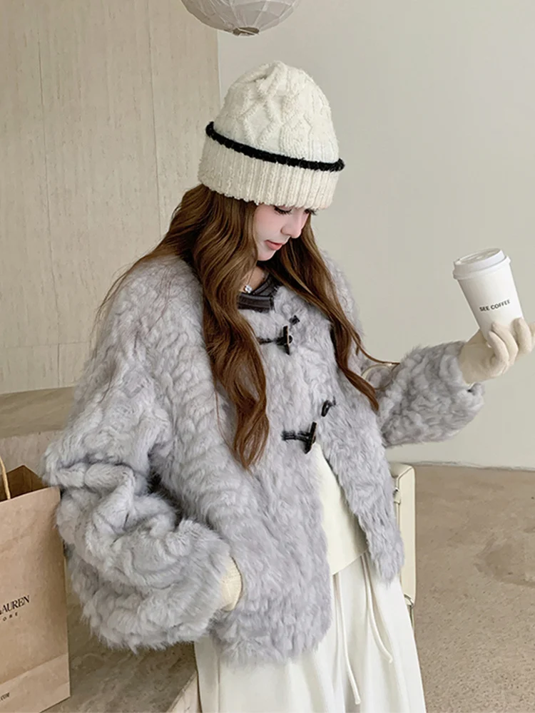 Lamb Fur Jaet Women's ort Thiened Autumn Winter New Sle Cute Original Design Stand Fit round Ne Button Closure Coat