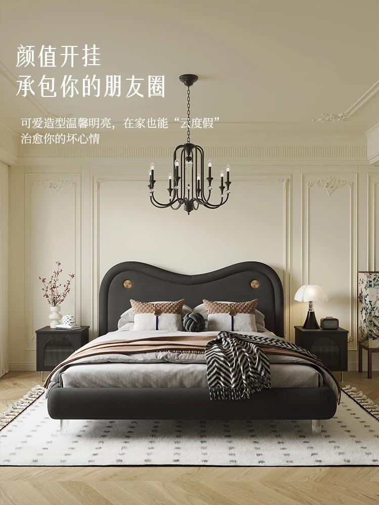 French Retro Leather Double Bed Modern Light Luxury First Layer Cowhide Master Bedroom Designer Tatami Bed