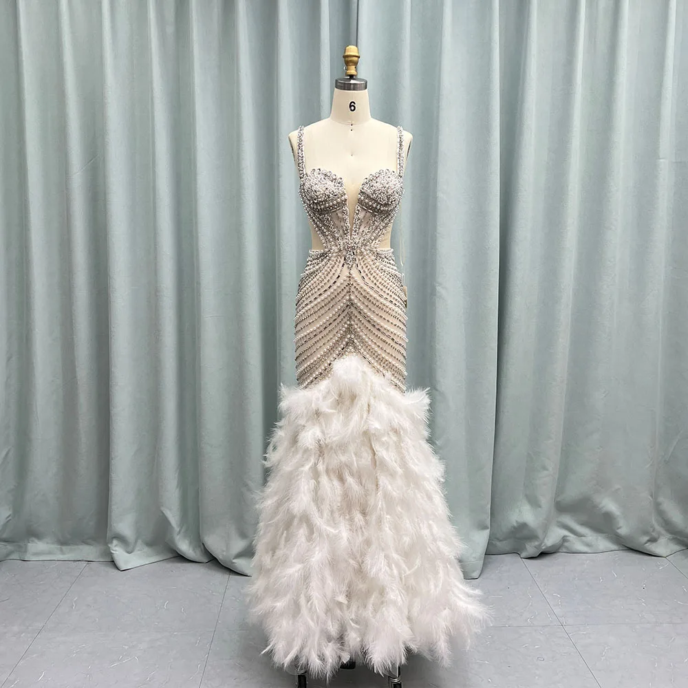 YQLNNE Luxury Spaghetti White Nude Feathers Evening Dresses Mermaid Pearls Beaded Tulle Wedding Party Gown Vestido De Noche