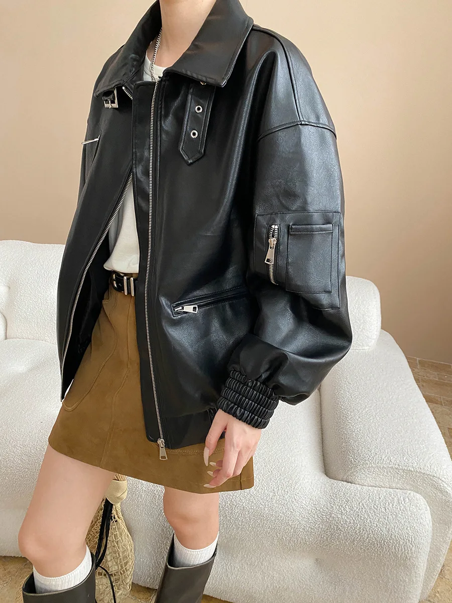 معطف جلد للدراجات النارية من Modern Street American Retro Matte PU بياقة جلدية كونتور