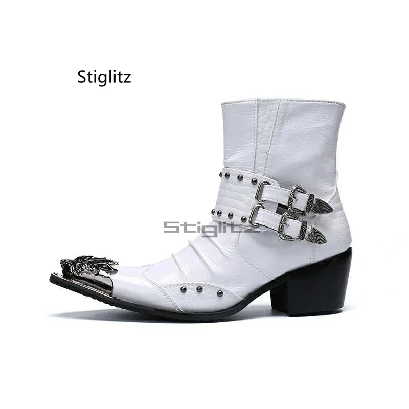 White Genuine Leather Men's Chelsea Boots Belt Buckle Rivet Zipper Cowhide Short Boots Metal Pointed Toe High Heel Male Shoes