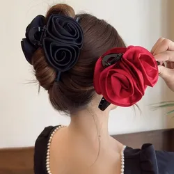 Elegante vintage rosa flor cabelo garra para mulheres, cor cetim, rabo de cavalo titular, clipe, grampo, presilha, acessórios para meninas