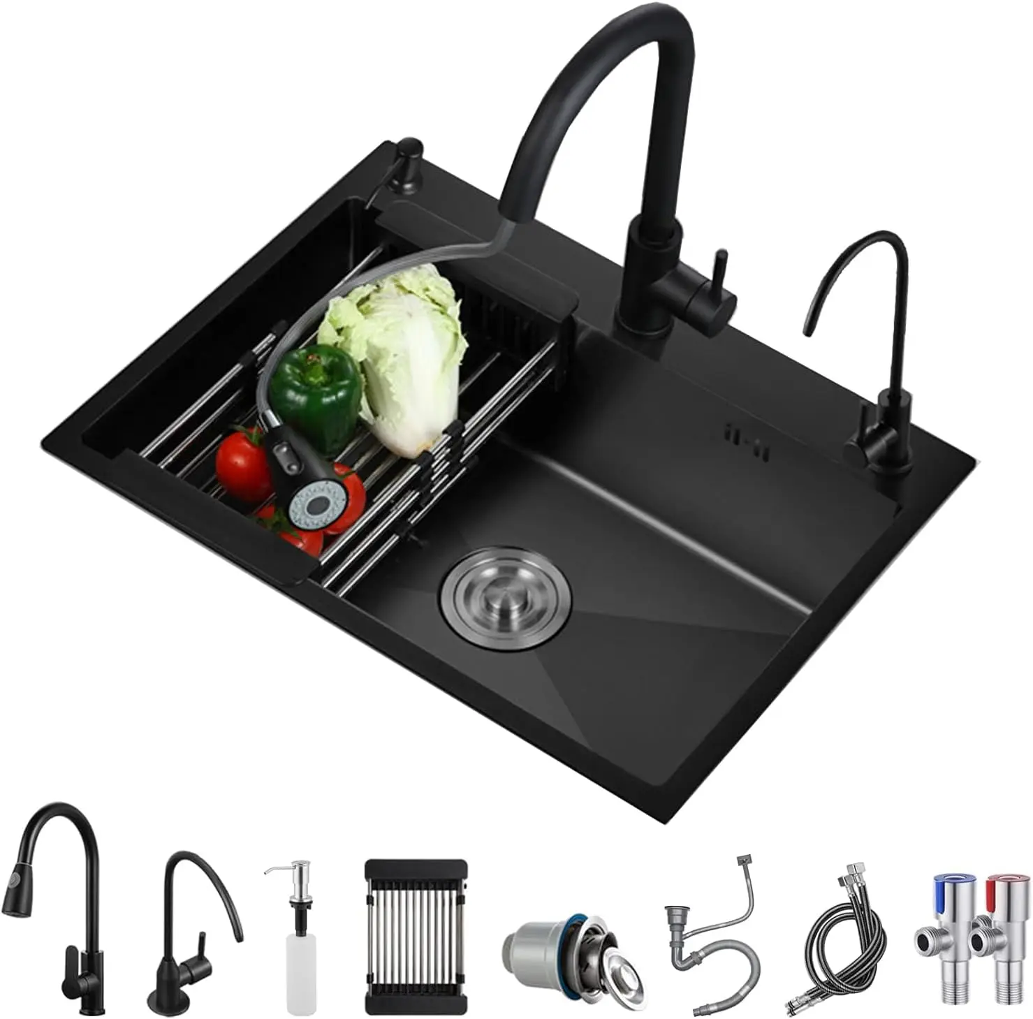 

Black Stainless Steel Kitchen Sink with Sliding Accessories, Single Bowl Farmhouse Workstation (19.7x17.7in)