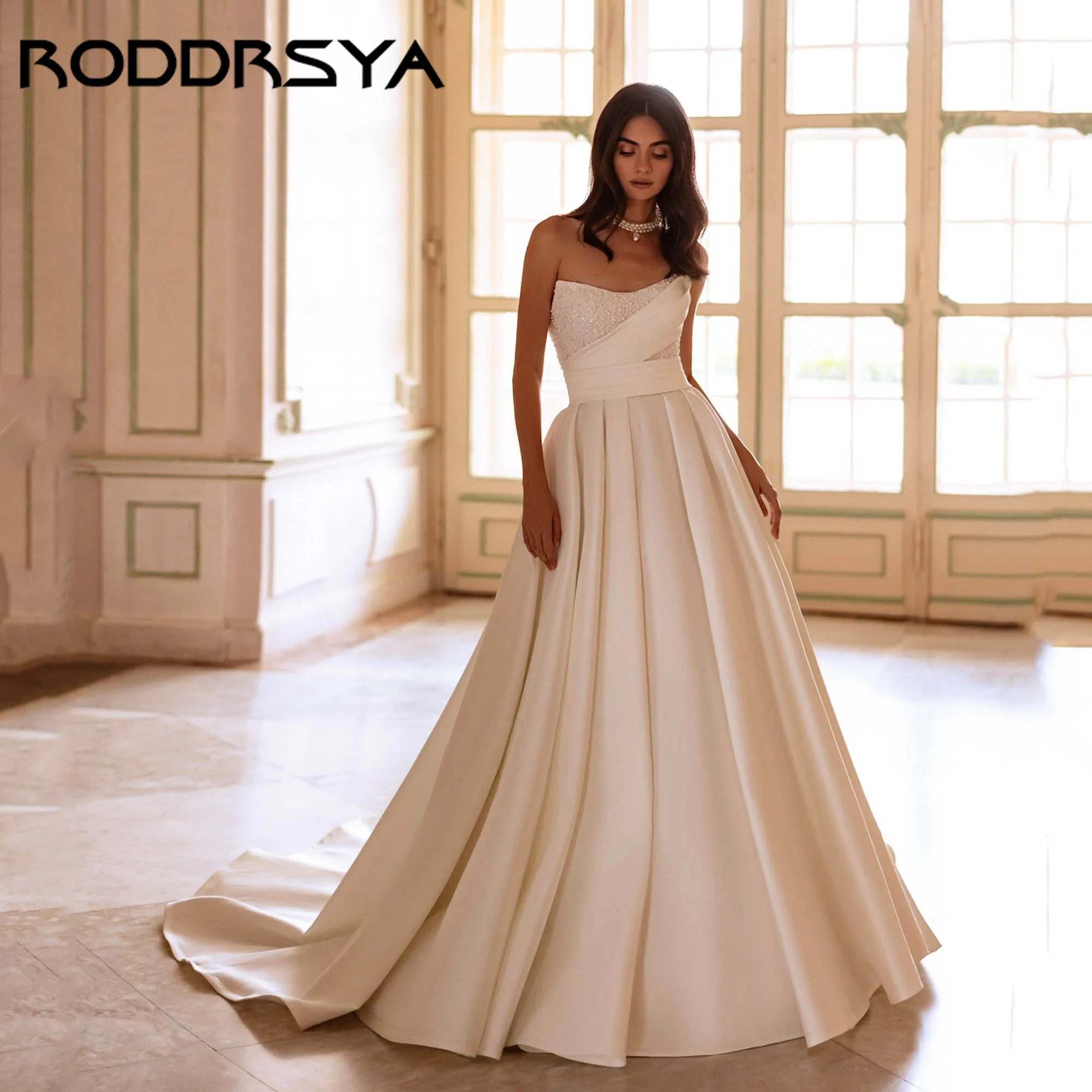 

RODDRSYA Strapless Full Pearls Wedding Dresses A-line Backless Luxury Bridal Gowns Satin Sleeveless vestidos de novia Customized