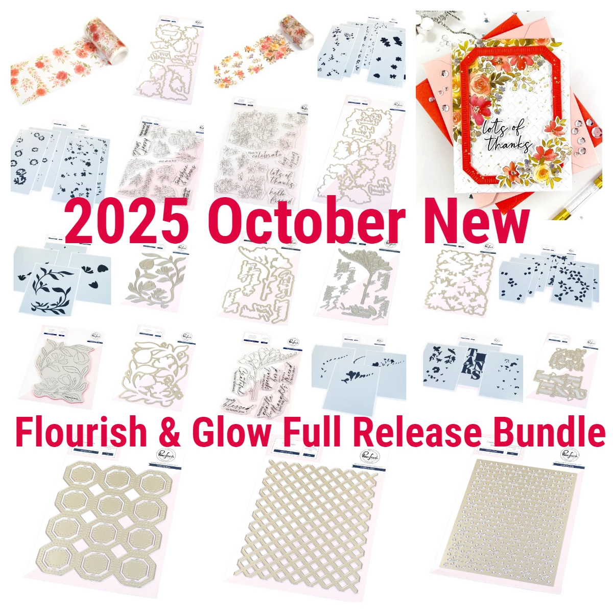 

2025 October Pink Fresh Flourish & Glow Full Release Bundle Die Stamps Floral Lattice Coverplate Die Stencils DIY Card Christmas