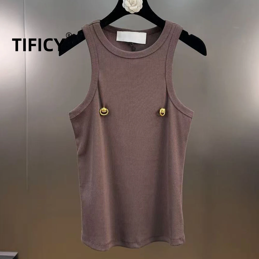 High Street Tank Women's Summer Round Neck Sleeveless Metal Iron Ring Decorative Thread Cotton Tight Fitting Camisole Top