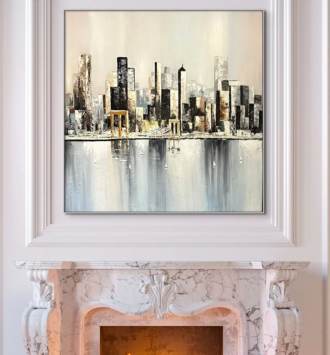 Abstract City Painting Large Wall Art Skyline Living Room Wall Art Abstract Housewarming Painting on Canvas Cityscape Skyline