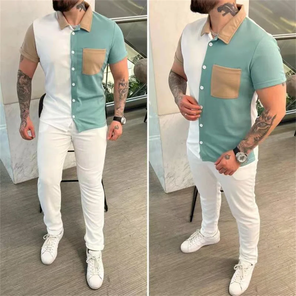 Terno esportivo casual de bloco colorido masculino, camisa manga curta, calça da moda