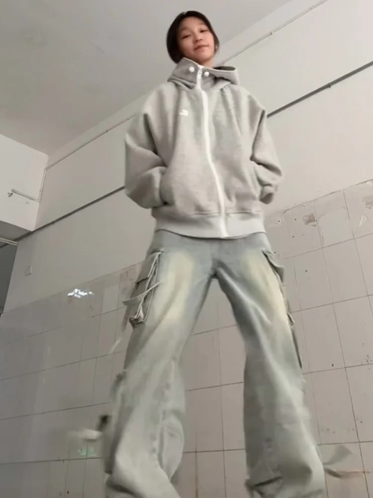 Americano retro thiened oversized casual com capuz aberto cardigan lã moletom feminino outono inverno solto preguiçoso casal outfits