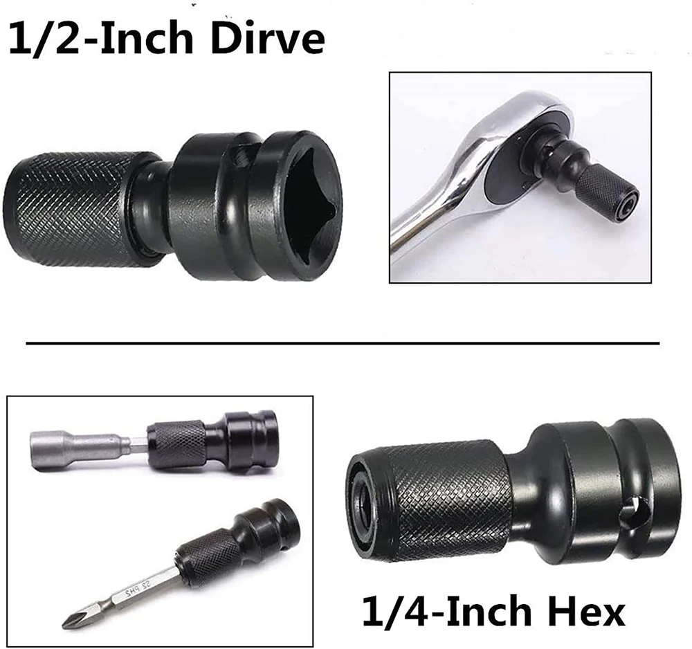 Llave de impacto de trinquete hexagonal de 1/2 pulgadas cuadrada a 1/4 pulgadas, juego de llaves, adaptador, convertidor de accionamiento, herramienta de liberación rápida