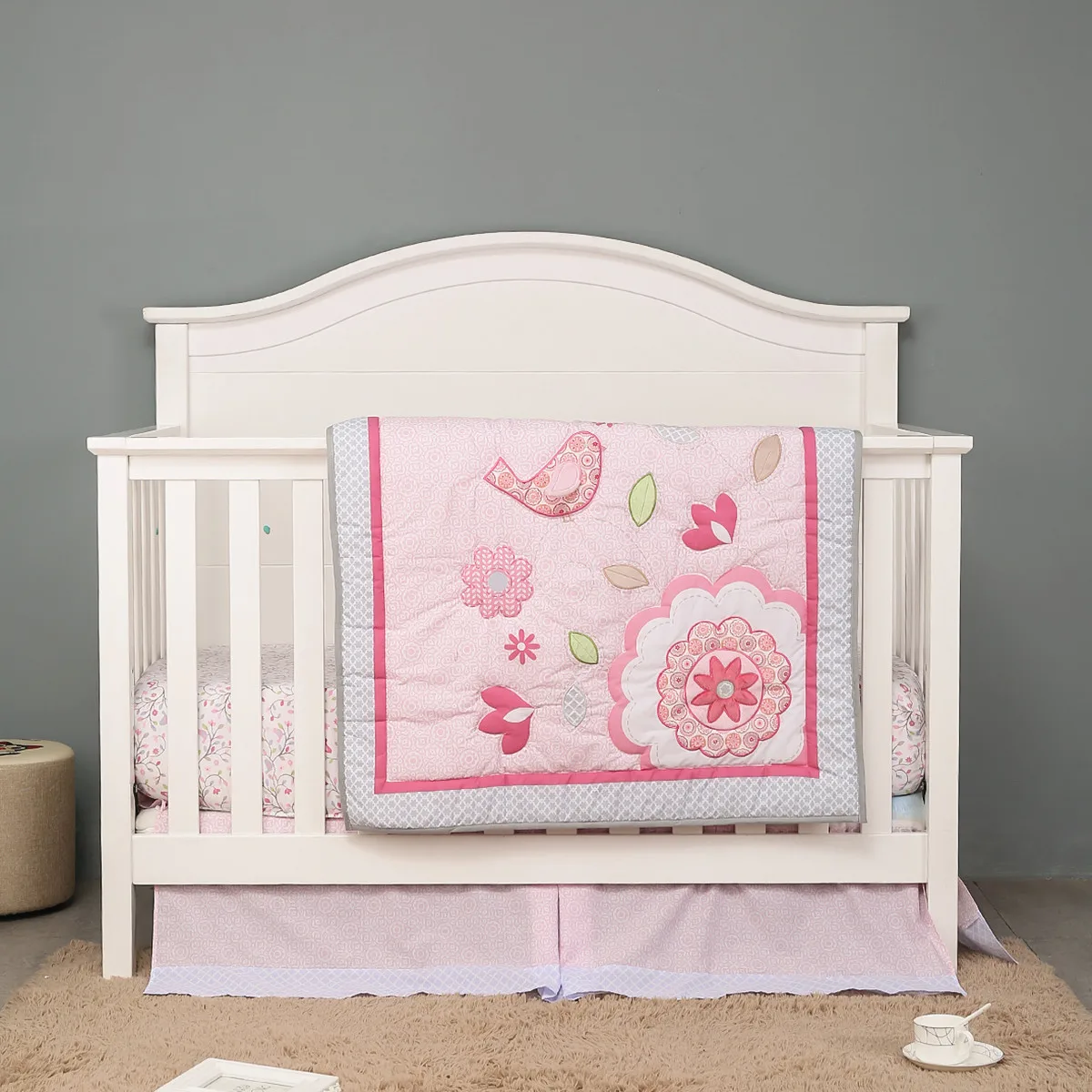 3Pcs Embroidered Bird Nursery Crib Bedding Set Standard Size luxury Baby Bedding Set (Baby Comforter Fitted Sheet Crib Skirt)