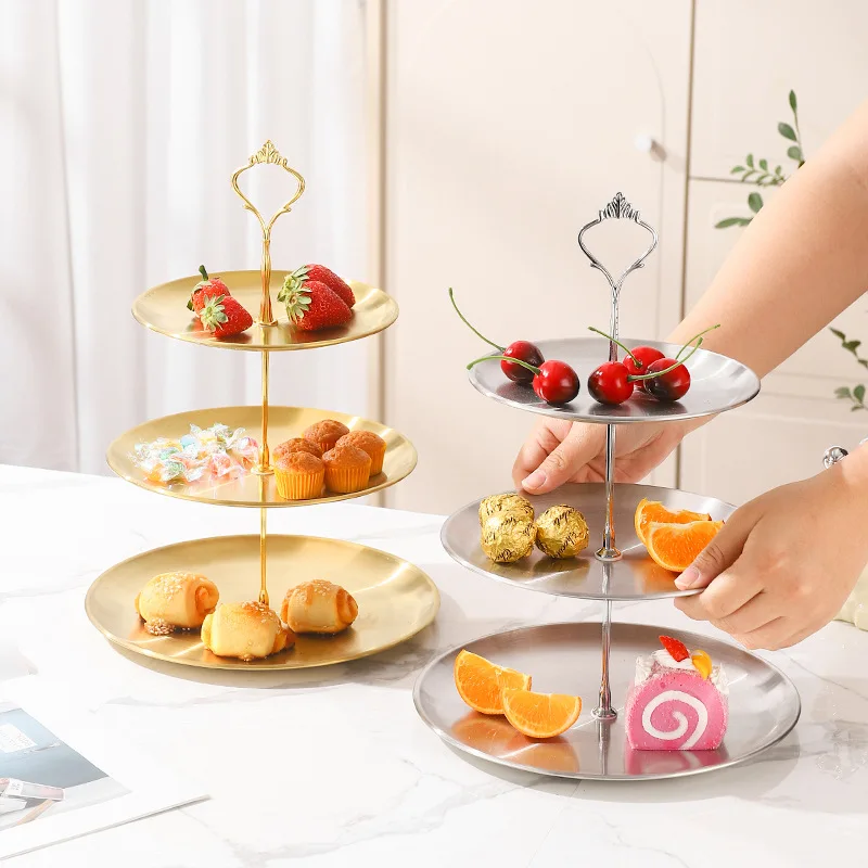 Stainless Steel Fruit Plate Three-Layer Cake Dim Sum Tray Luxury Snack Dried Fruit Plate Wedding Display Stand Serving Tray