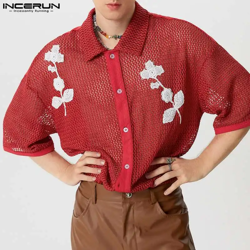 INCERUN Men Shirt Mesh Hollow Out Patchwork Transparent Lapel Short Sleeve Men Clothing Streetwear 2024 Fashion Casual Camisas