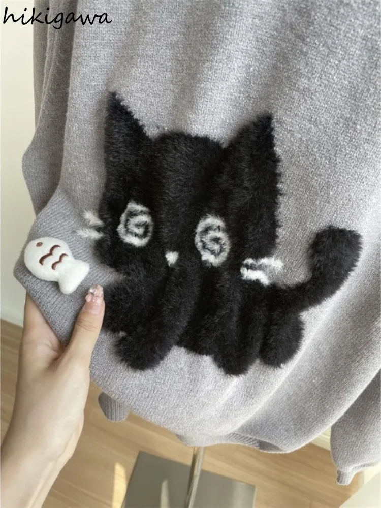 Cat Cute Sweater for Women Pull Femme Fashion Korean Jumper O-neck Casual Knitted Thicked Oversized Pullovers Tops Sueter Mujer