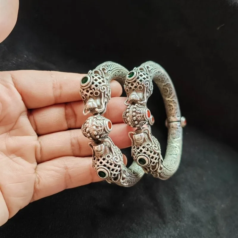 Handmade Wire Inlaid Double Dragon Playing Pearl Bangle, Twisted Dragon Head Ethnic Wrist Jewelry
