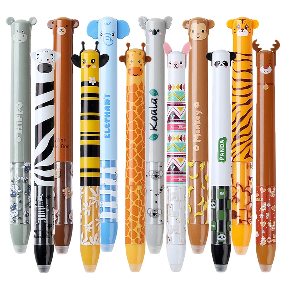 6/12Pcs/Set 2 in 1 Creative Cartoon Animals Erasable Gel Pen Lion Panda 0.5mm Gel Pen for Writing School Supplies Wholesale