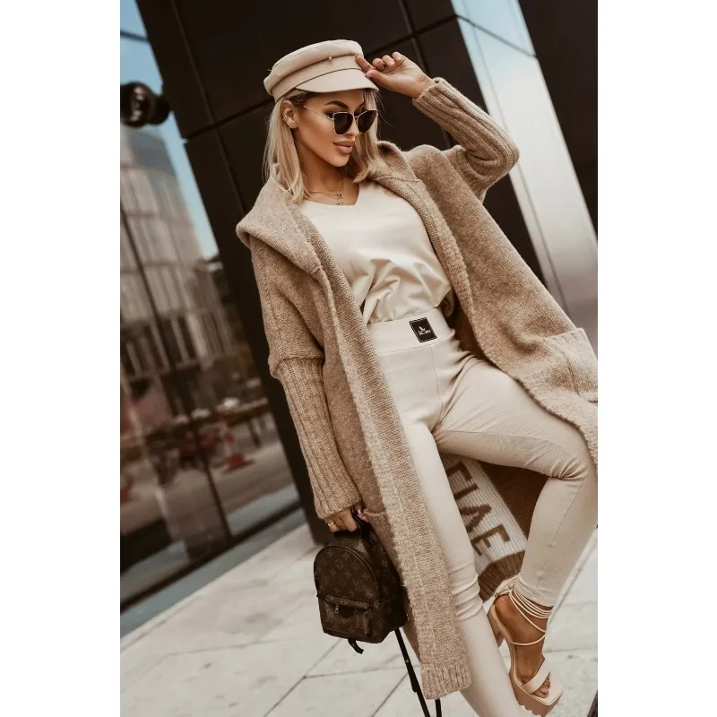

New Women Long Cardigan Knit Sweaters Casual Print Letter Loose Full Sleeve Hooded Coats Thick Pocket Sweater Lady Autumn Winter