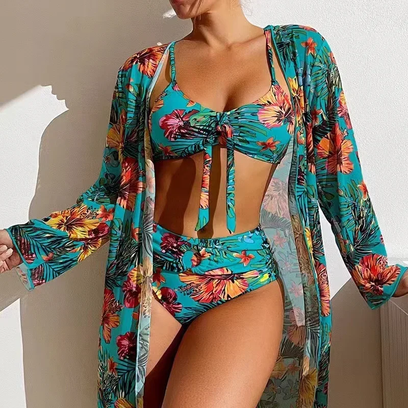 2024 Luxe Sexy Hoge Taille Bikini Drie Stukken Bloemen Gedrukt Badpak Vrouwen Bikini Set Met Mesh Lange Mouwen Blouse vrouwelijke