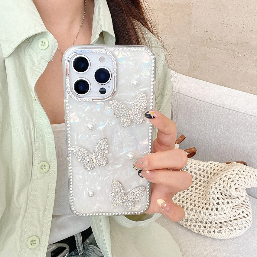 

Stereo Butterfly Phone Case For Iphone 16 15 14 13 Pro 12 11 Max Plus 16Pro Rhinestone Phone Case Dazzling Color 15Promax Cover