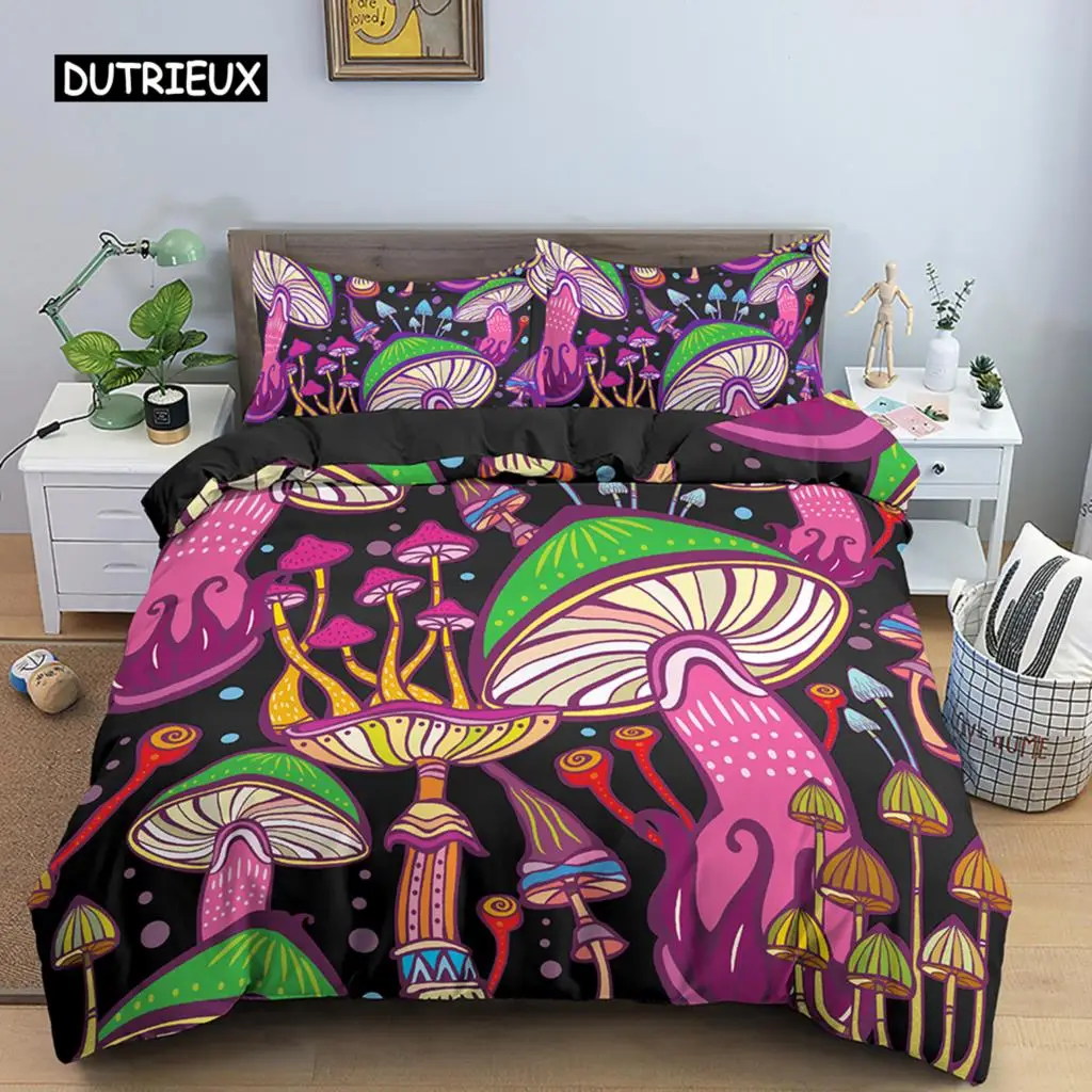 

Mushroom Duvet Cover Set Bedding Set for Teen Boys Girls Kids Vintage Luxury Hippie Theme Comforter Cover Set with Zipper Ties