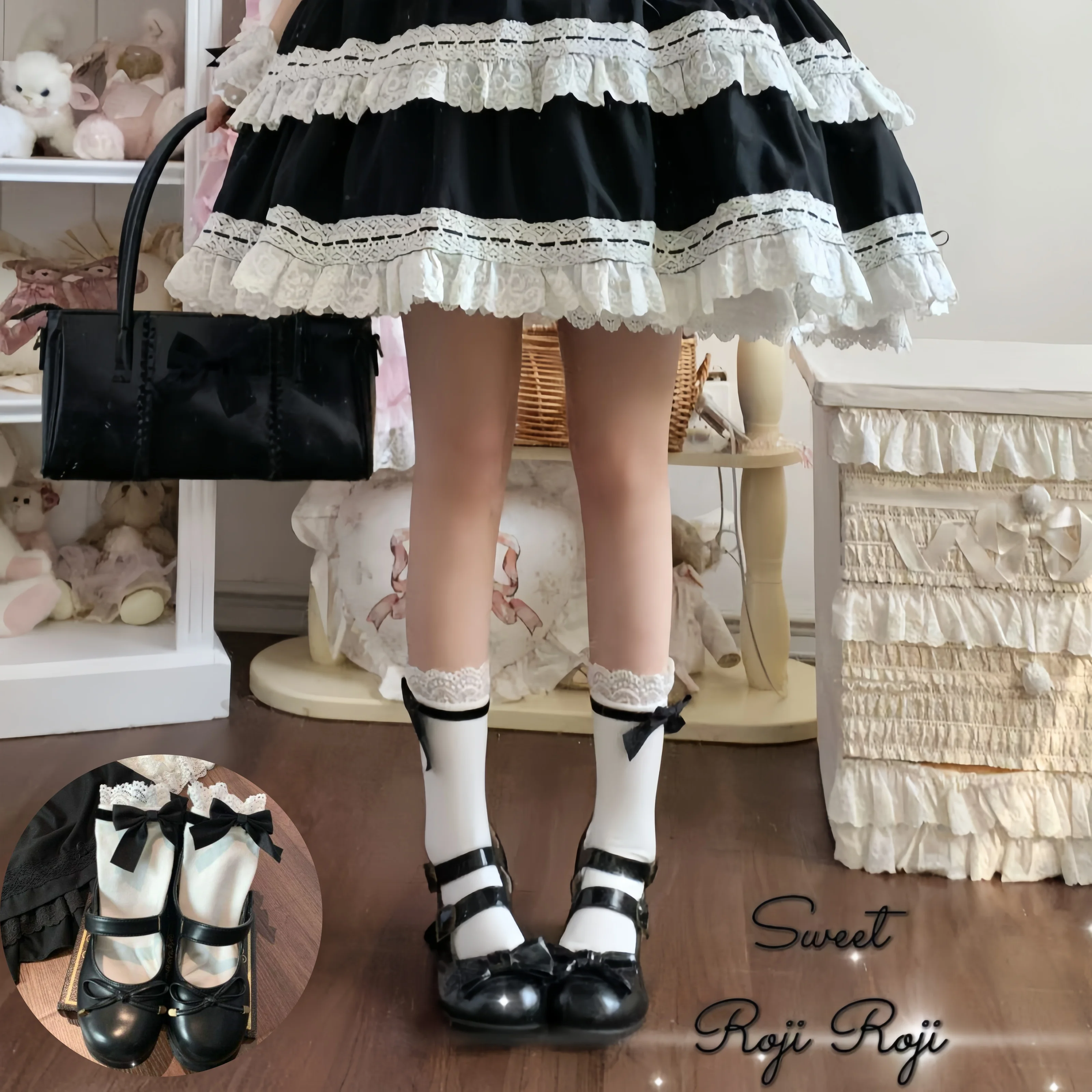 

Новые винтажные черно-белые кружевные носки средней длины для женщин в стиле косплей (девочная служанка, JK, Харадзюку) с кружевным бантом и нежным узором