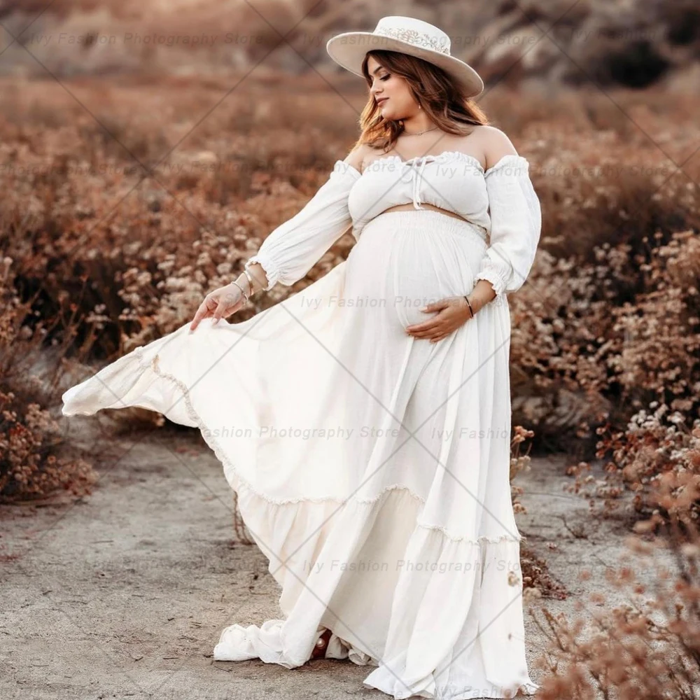 Bohemian Photo Shooting Pregnancy Dress Comfort Linen Cotton Maternity Dress Long Sleeved Loose Fitting Short Top Four Piece