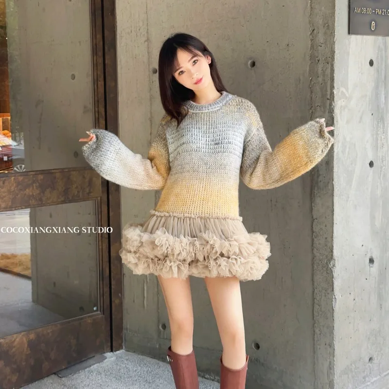 Fashion Design Stitching Heavy Industry Net Yarn Puffy Princess Dress V-Collar Contrast Color Slimming Sweater Pullovers Women