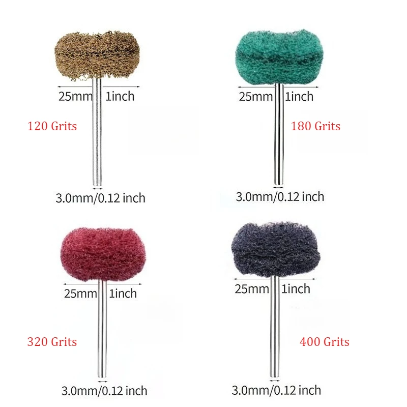 42PCS Scouring Pad Buffing Wheel Set 120/180/320/400 Grit, Nylon T-Shaped Polishing Brush 3mm Shank for Rotary Tool