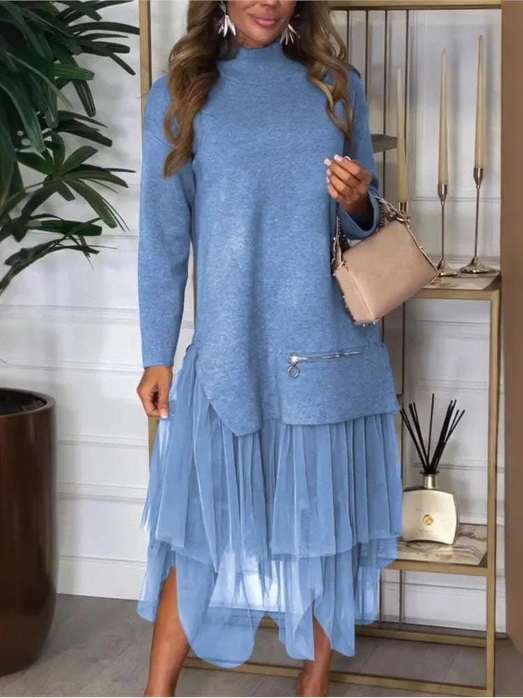 Elegant Long-sleeved Half Turtleneck Top + Skirt 2-piece Set For Women Mesh Skirt Solid Color Loose Asymmetric Skirt Suit Female