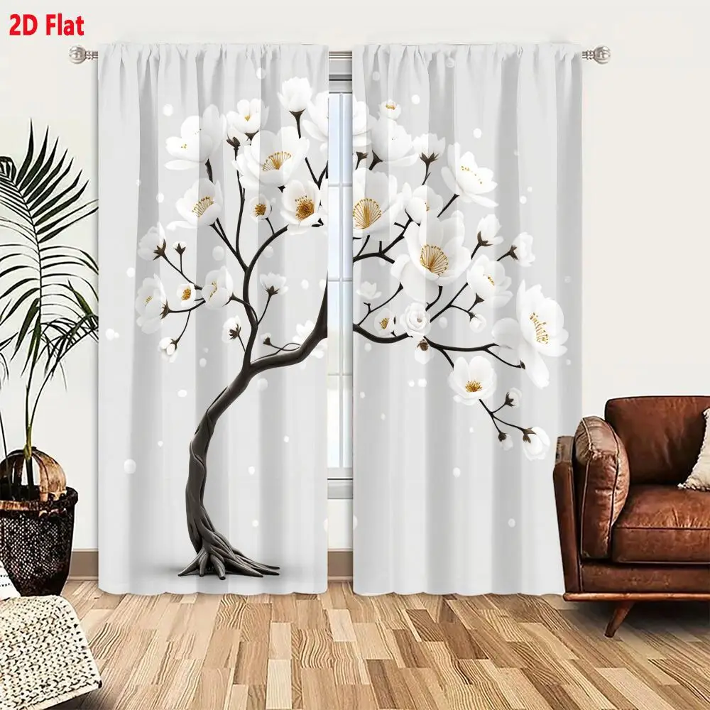 2Pcs Curtains 2D Flat Stylized Tree With Dark Brown Twisting Branches And White Magnolia Flowers On Neutral Gray Background Wind