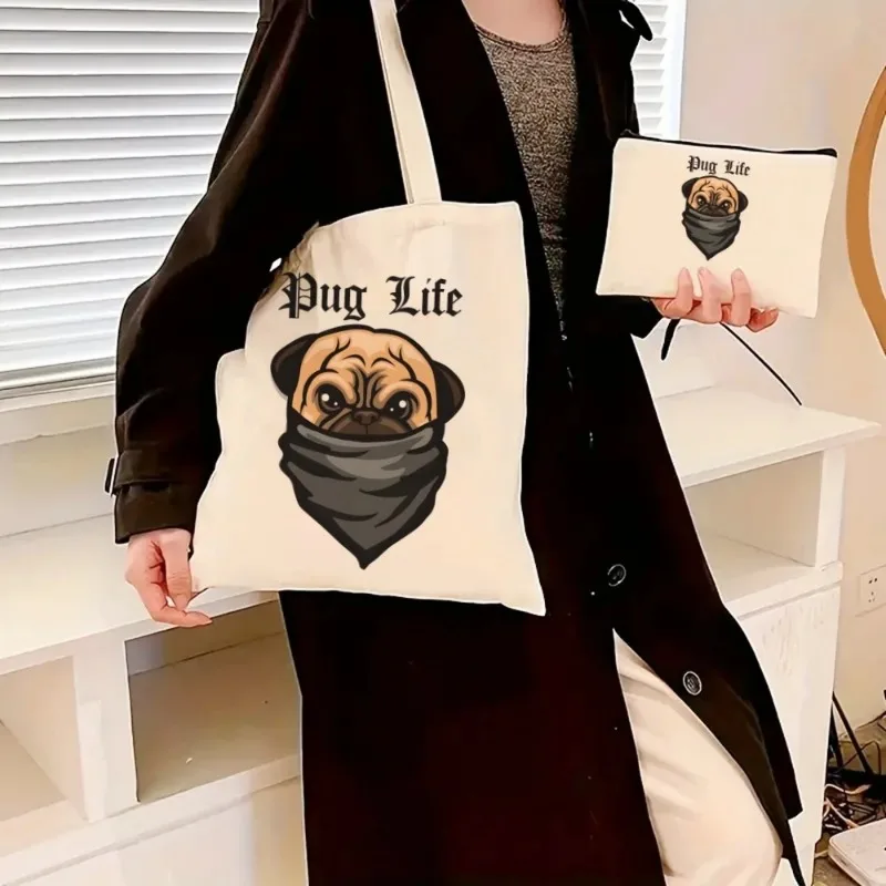 2pcs/set Cute Pug Dog Printing Handbag Cosmetic Bag Ladies Fashion Canvas Shoulder Bag Eco Large Capacity Travel Shopping Bag